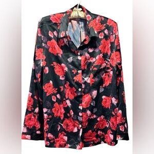 Victoria's Secret Black and Pink rosé designed button up pajama top only S/P